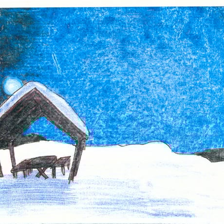 手すき紙の絵葉書（手描き絵画・イラストをプリント）No60221　夜の雪原　冬の絵はがき　ポストカード