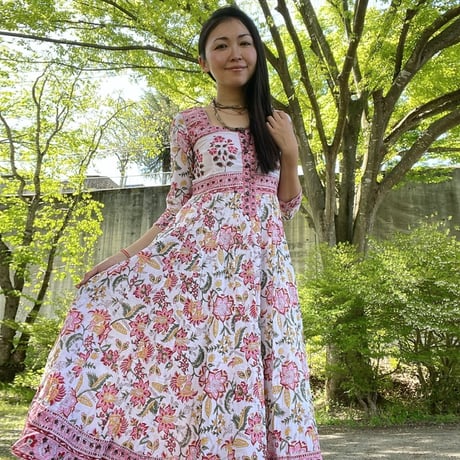 ブロックプリントワンピース ピンク