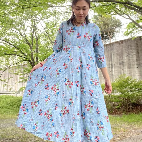 オリジナルプリントワンピース ロングスリーブ 青