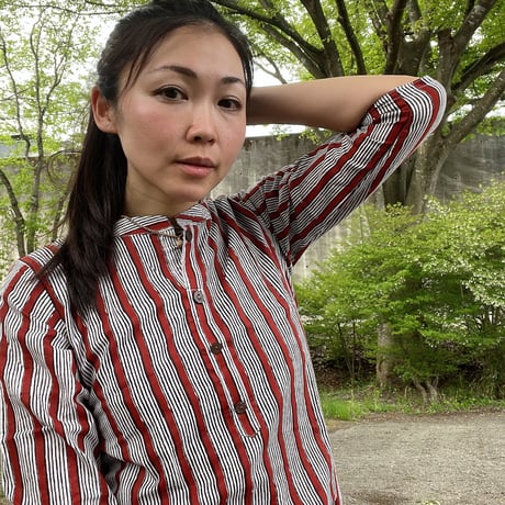 ブロックプリントシャツ ストライプ