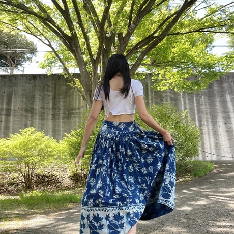 藍染インディゴのブロックプリントスカート