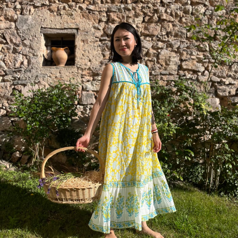 上質インド綿ノースリーブマキシドレス カプリブルー×レモン