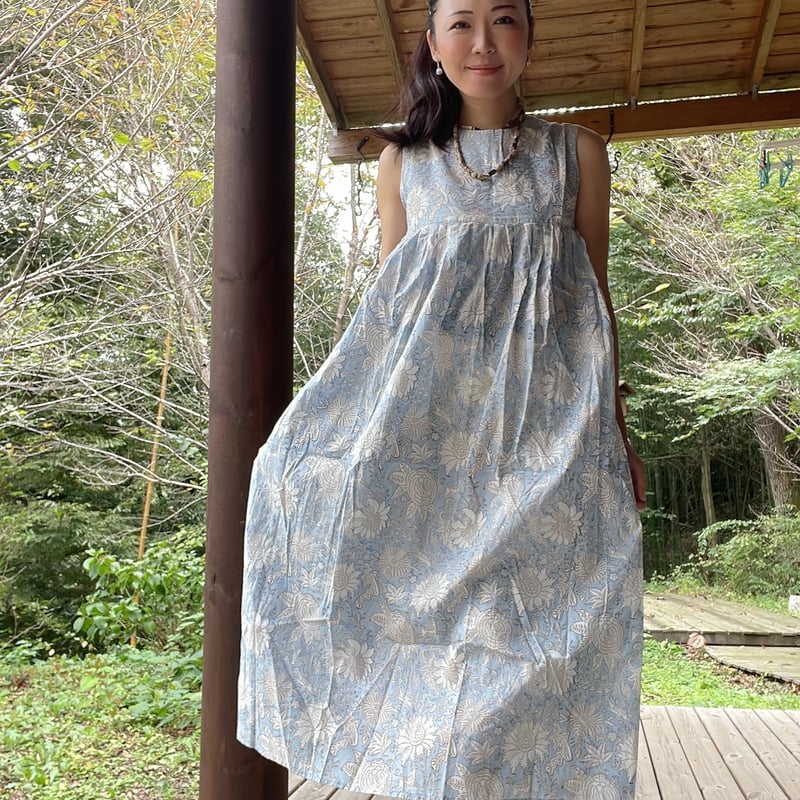 天然染めインドカディコットン/ブロックプリント ロングワンピース
