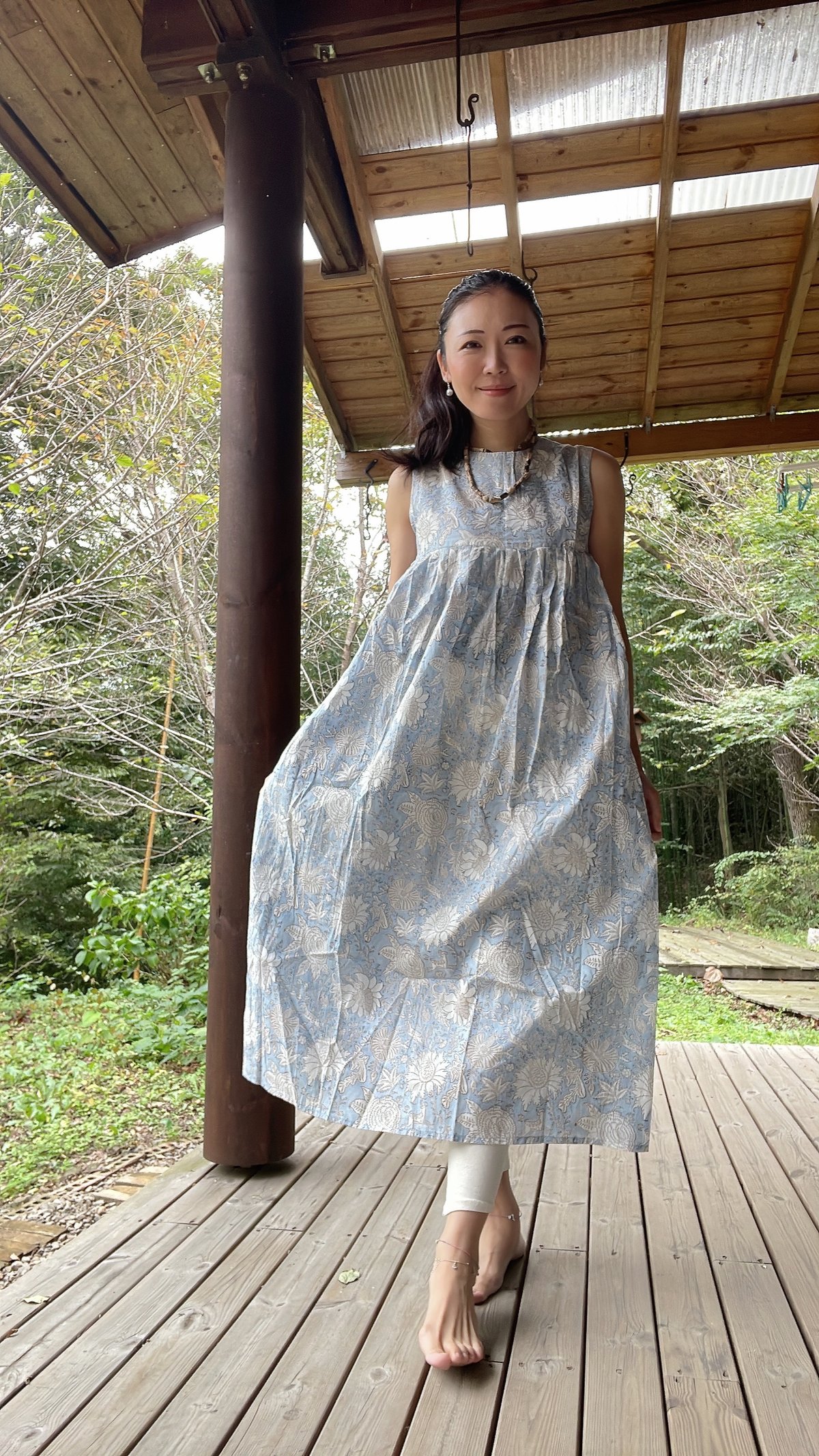 天然染めインドカディコットン/ブロックプリント ロングワンピース