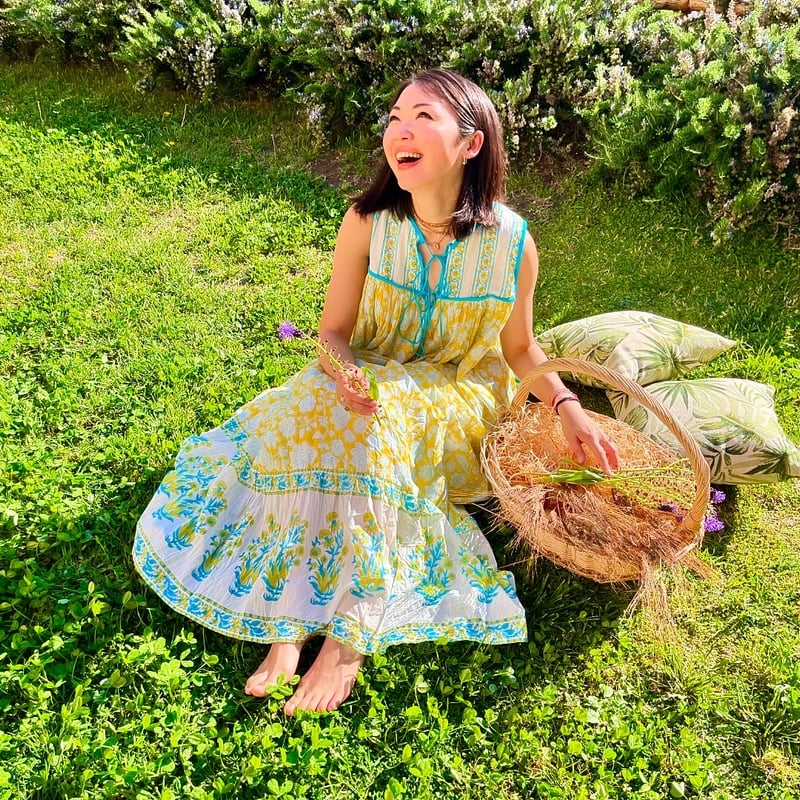 上質インド綿ノースリーブマキシドレス カプリブルー×レモン