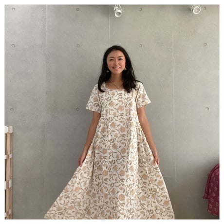 オーガニックコットン＆ブロックプリントショートスリーブドレス白花