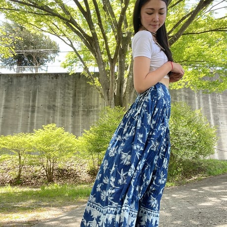 藍染インディゴのブロックプリントスカート