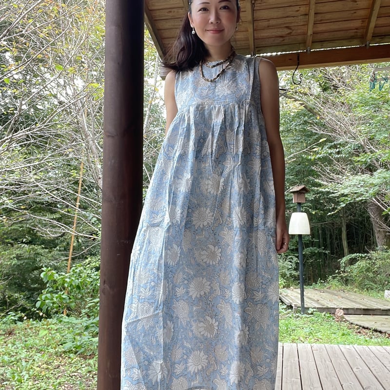 天然染めインドカディコットン/ブロックプリント ロングワンピース