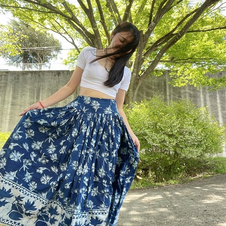 藍染インディゴのブロックプリントスカート