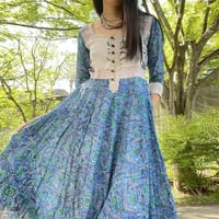 ブロックプリントワンピース 青