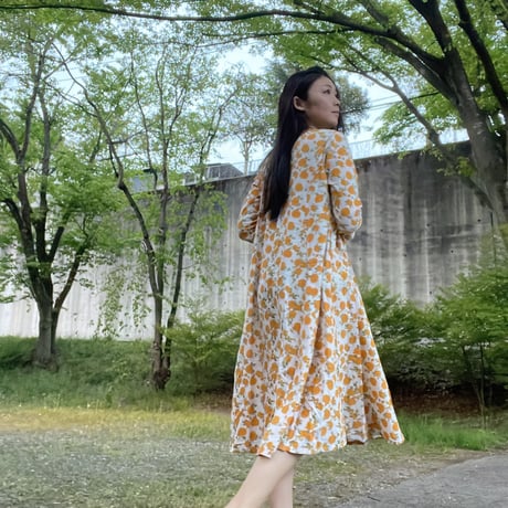 ハンドメイドブロックプリントオリジナルワンピース 黄花