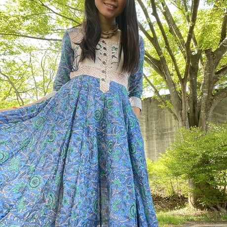 ブロックプリントワンピース 青