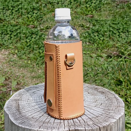 Dカン&ベルトループ付き 本革水筒ポーチ 保冷機能付きペットボトルホルダー モールシステム対応ポーチ ショルダー ヌメ革