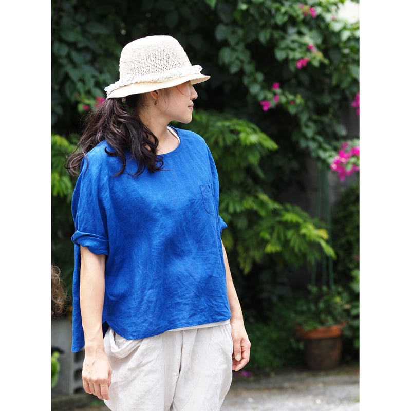 45R リネン　プルオーバー　ブラウス　ボタニカル　白に藍色 45R リネン プルオーバー ブラウス ボタニカル 白に藍色