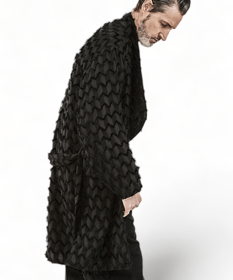 ys Yuji SUGENO (イース ユウジ スゲノ) 210330301-BLACK / Fringe cut jacquard shawl collar shirt gown