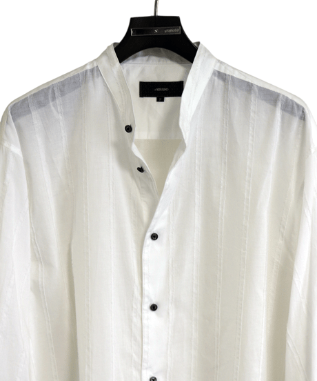 ys Yuji SUGENO (イース ユウジ スゲノ)  210830404-WHITE / Cut fringe striped over collarless shirt