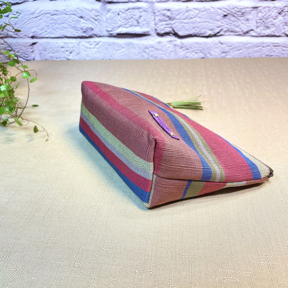 ファスナーポーチ／ピンクとブルーのボーダー／zipper pouch