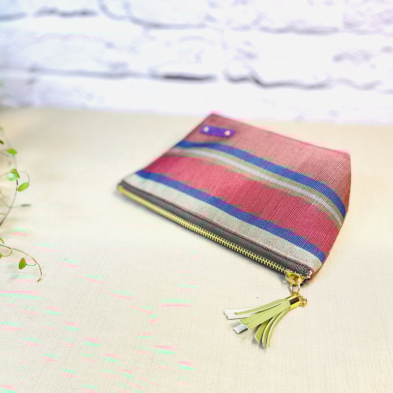 ファスナーポーチ/ピンクとブルーのボーダーの帯/zipper pouch ファスナーポーチ/ピンクとブルーのボーダーの帯/zipper pouch
