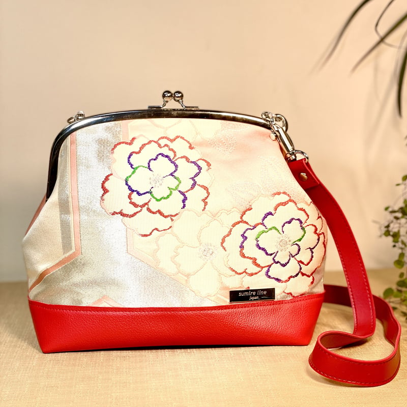 がま口ショルダーバッグ20cm／clasp shoulder bag／ピンク系の花