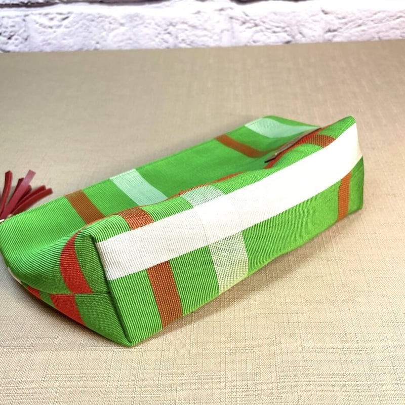 ファスナーポーチ／鮮やかなグリーンの格子柄の帯／zipper pouch