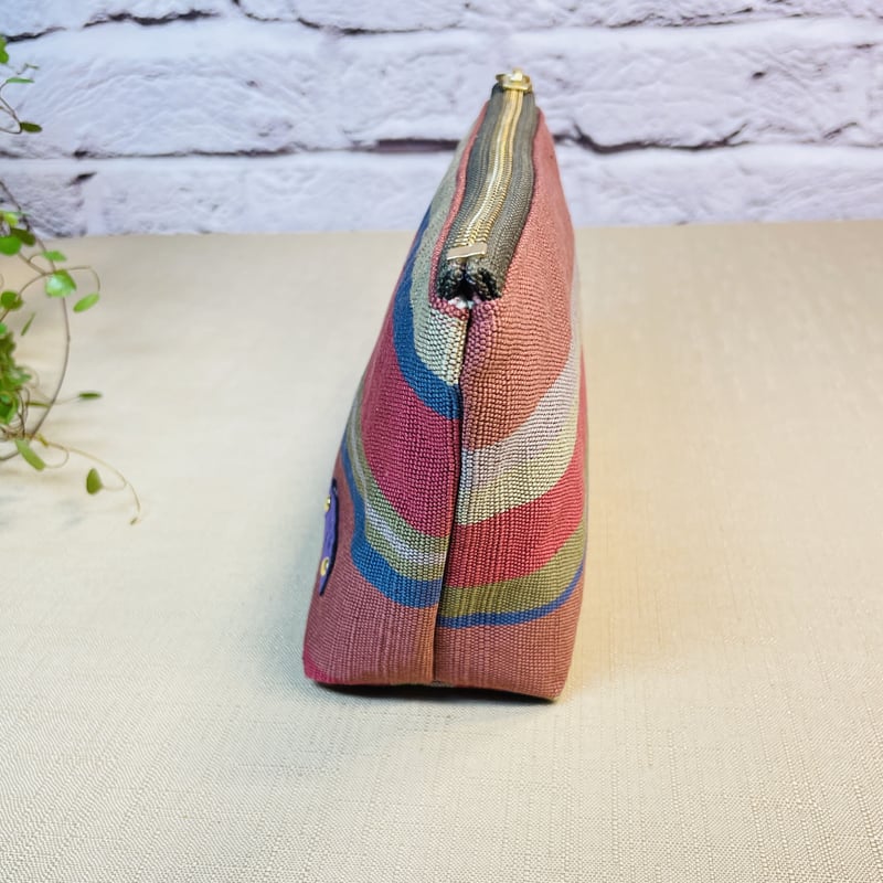 ファスナーポーチ／ピンクとブルーのボーダー／zipper pouch