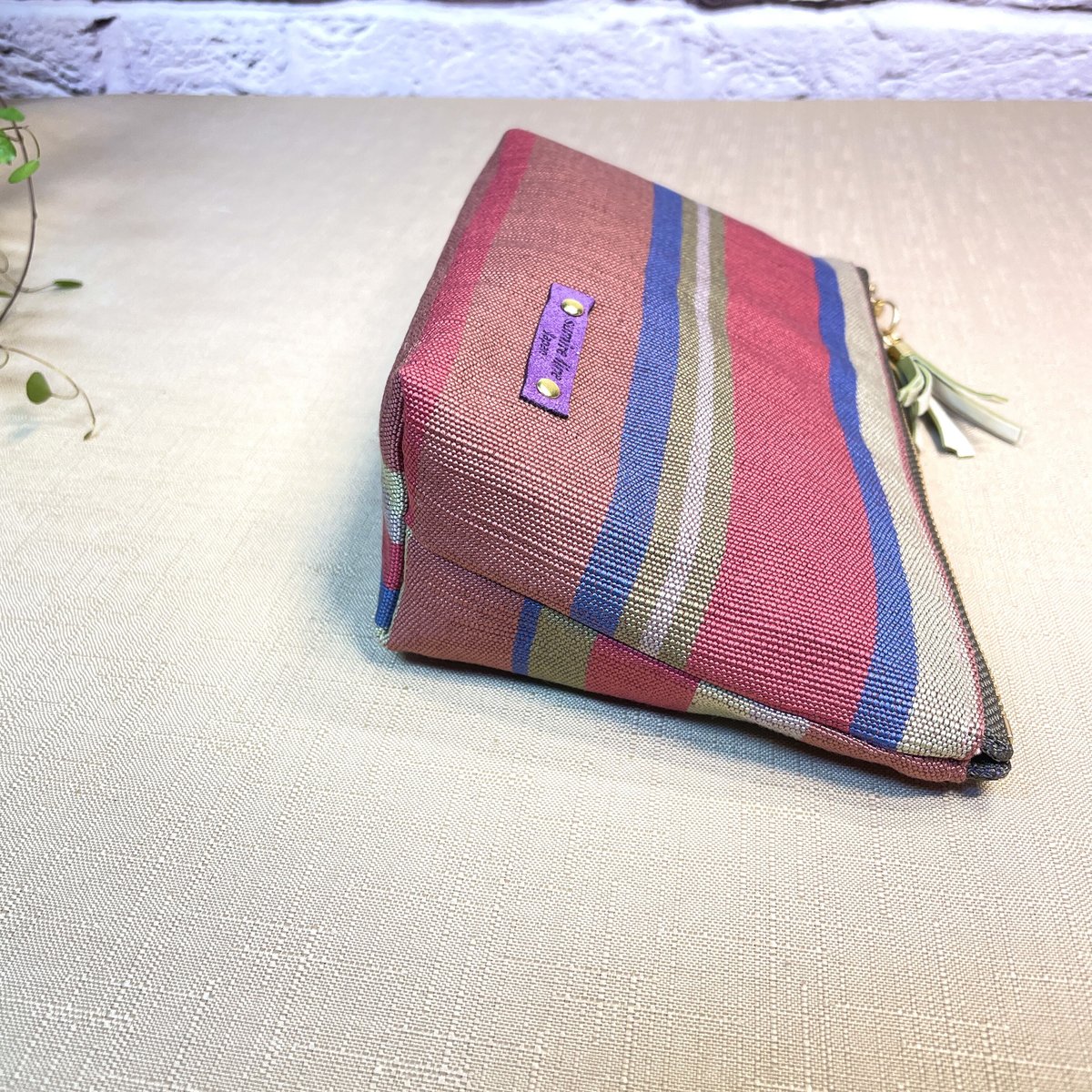 ファスナーポーチ／ピンクとブルーのボーダー／zipper pouch