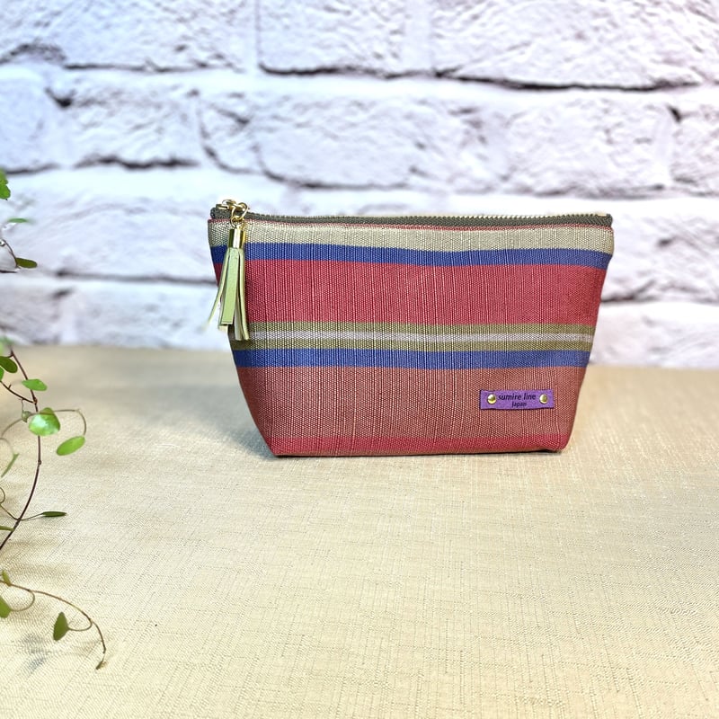 ファスナーポーチ／ピンクとブルーのボーダー／zipper pouch