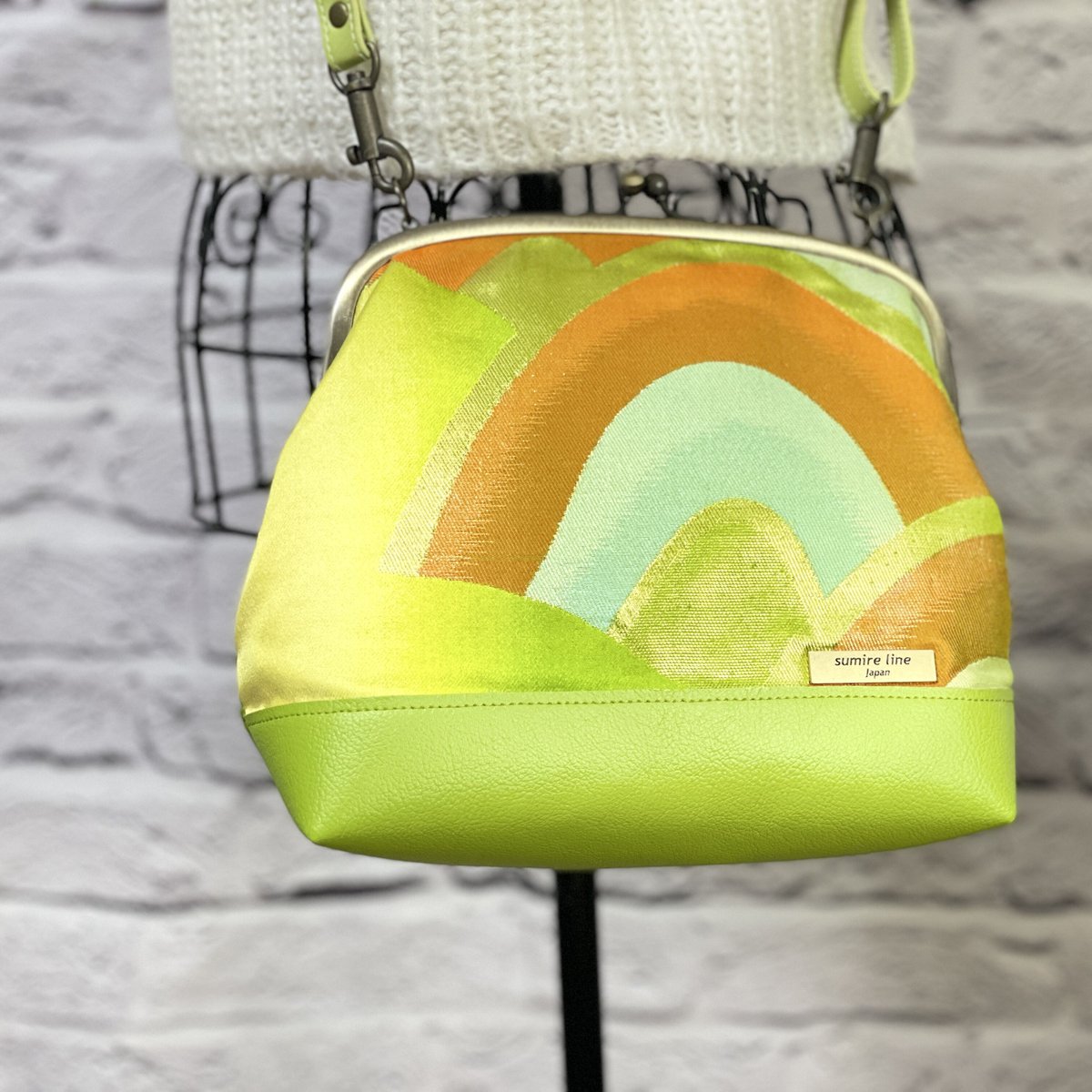 がま口ショルダーバッグ20cm／clasp shoulder bag／ライトグリーンの帯 