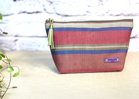 ファスナーポーチ／ピンクとブルーのボーダー／zipper pouch