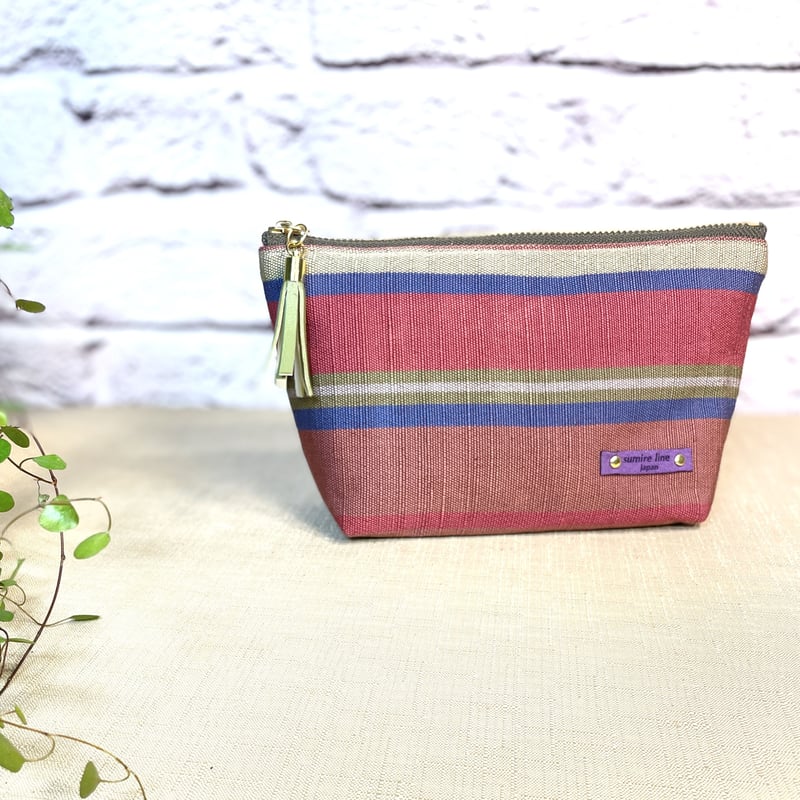 ファスナーポーチ／ピンクとブルーのボーダー／zipper pouch