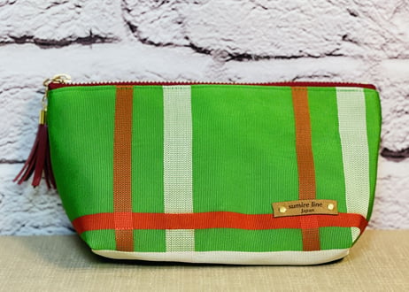 ファスナーポーチ／鮮やかなグリーンの格子柄／zipper pouch