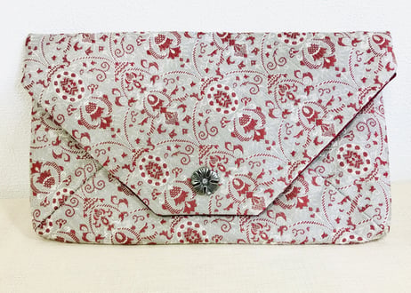 スキヤポーチ／sukiya pouch／グレーに赤いアラベスク風の帯