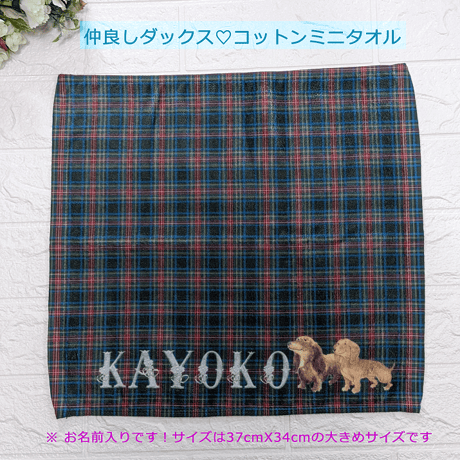 お名前入り！！仲良しダックス♡ コットンミニタオル（グリーン・タータン）