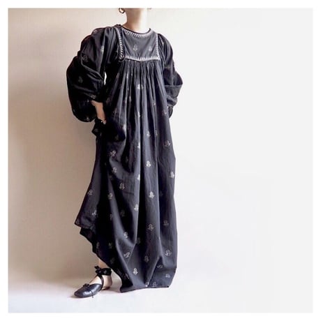 70s block print volume sleeve cotton maxi dress