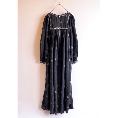 70s block print volume sleeve cotton maxi dress