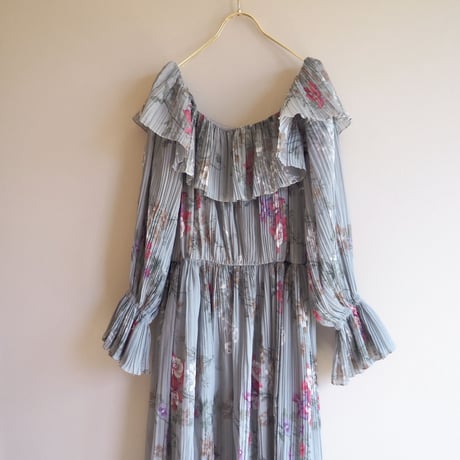 70s semi sheer pleated floral maxi dress