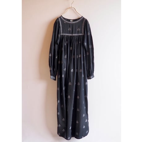 70s block print volume sleeve cotton maxi dress