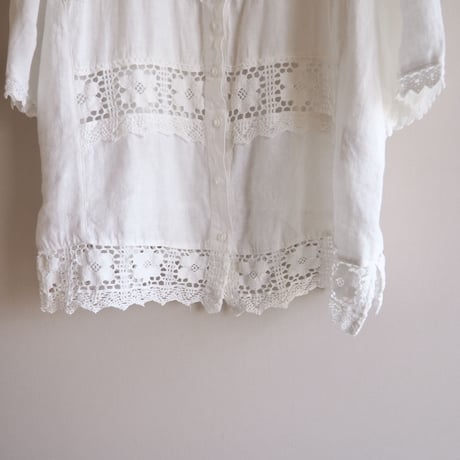 80〜90s folk linen floral crochet blouse