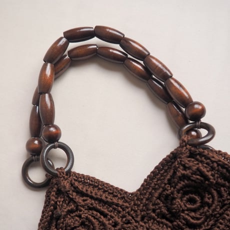 70〜80s wood beads handle granny knit bag