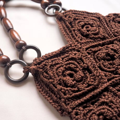 70〜80s wood beads handle granny knit bag