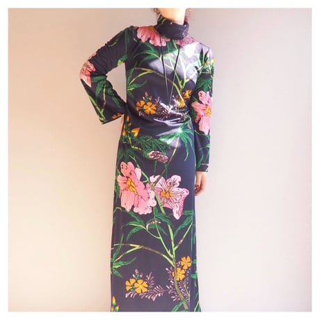 70s floral jersey turtleneck maxi dress