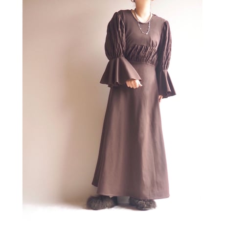 70s brown design sleeve maxi dress