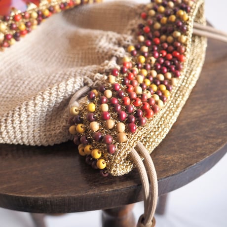 40〜50s wood beads× lucite drawstring woven bag (beige)