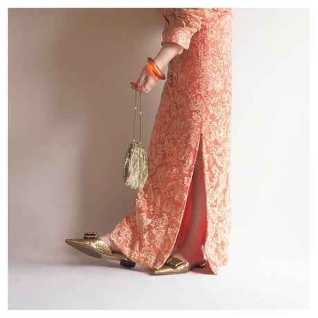 60〜70s coral pink lace maxi dress