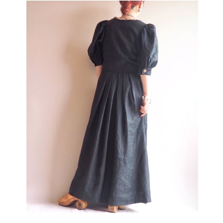 70〜80s folk linen puff sleeve maxi dress