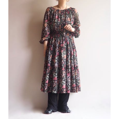 70s〜 floral semi sheer midi dress