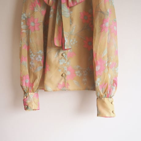 70s floral semi sheer bow collar blouse