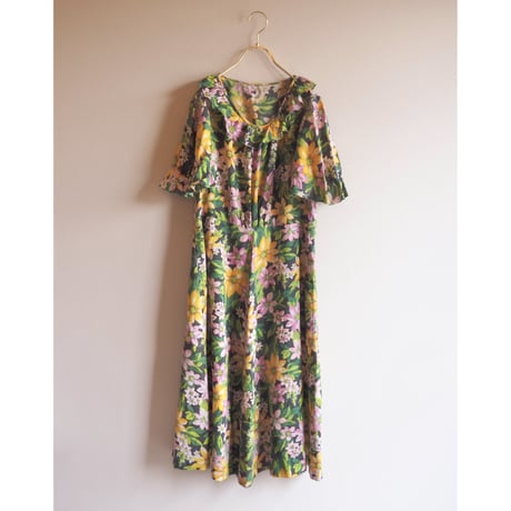 70s〜 s/s floral ruffle midi dress