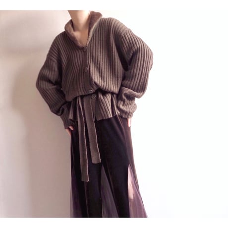 90s faux fur collar rib cardigan