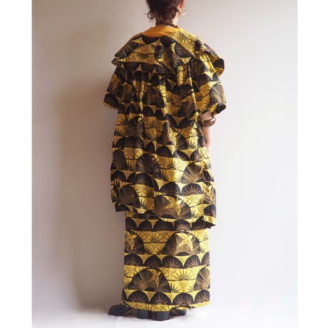 "The African Village" big collar tunic dress & skirt (YE×BK)